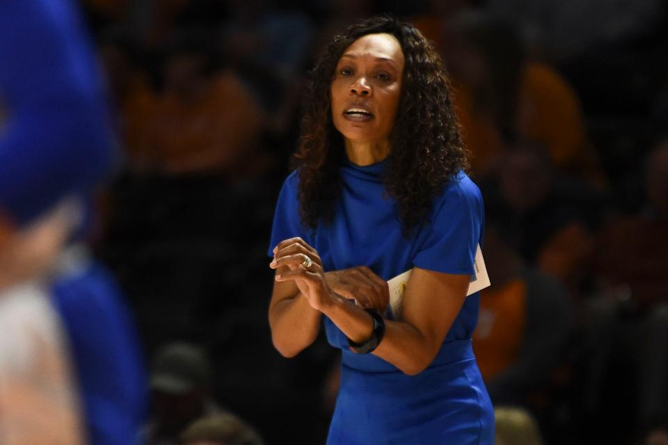 Kentucky basketball coach Kyra Elzy during the NCAA college basketball game against Tennessee on Sunday, January 7, 2024 in Knoxville, Tenn.