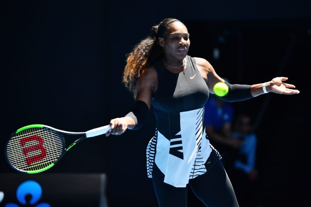 Serena Williams of the United States plays a forehand in her third round match against Nicole Gibbs of the Unites States on day six of the 2017 Australian Open at Melbourne Park on January 21, 2017 in Melbourne, Australia. (Photo by Quinn Rooney/Getty Images)