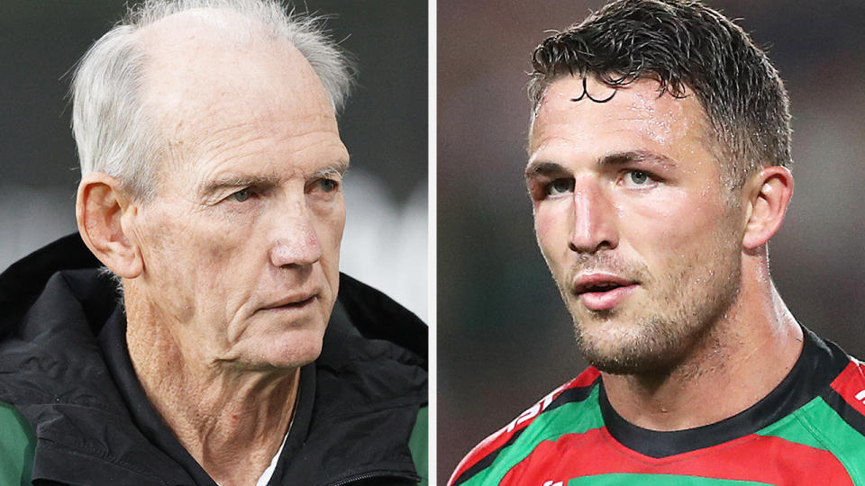 A 50-50 split image shows Wayne Bennett on the left and Sam Burgess on the right.