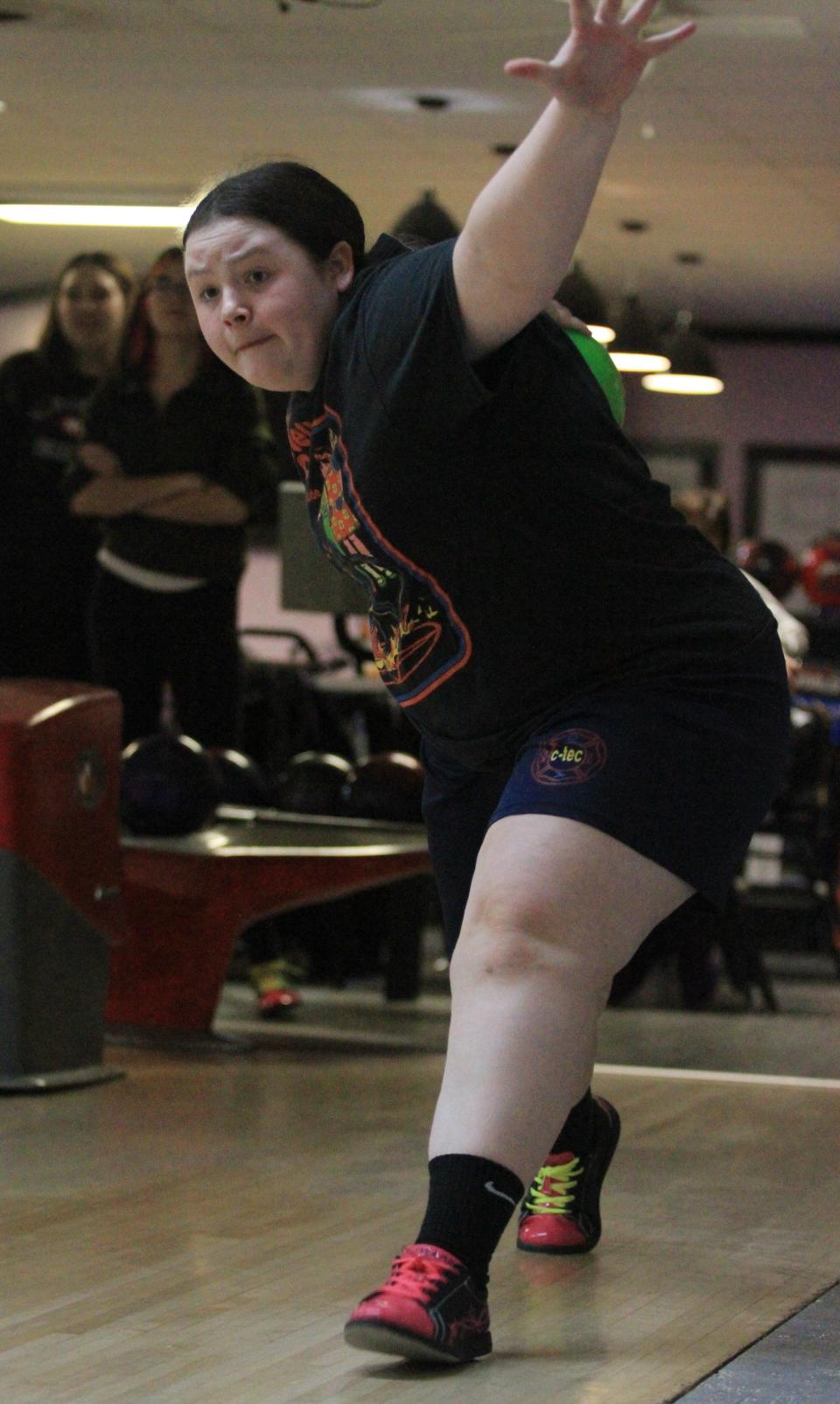 Lakewood bowler Nevaeh Wall, shown here practicing earlier this week, helped the Lancers to 16th place in the Division II state tournament Saturday at HP Lanes.