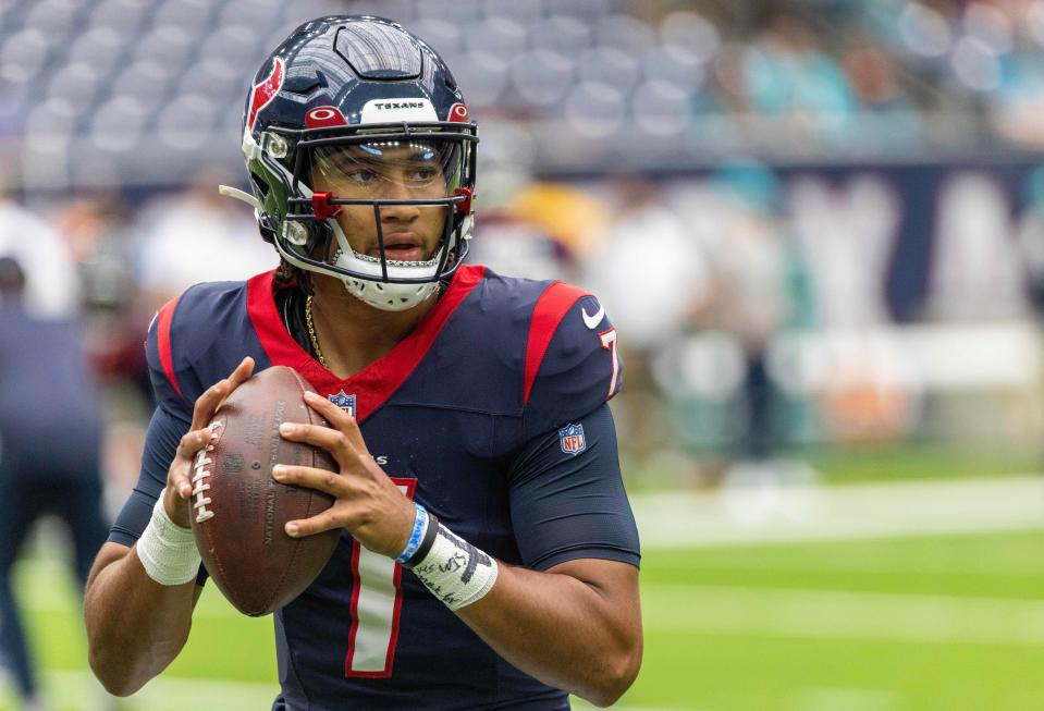 Aug 19, 2023; Houston, Texas, USA; Houston Texans quarterback C.J. Stroud (7) warms up before playing against the Miami Dolphins at NRG Stadium.