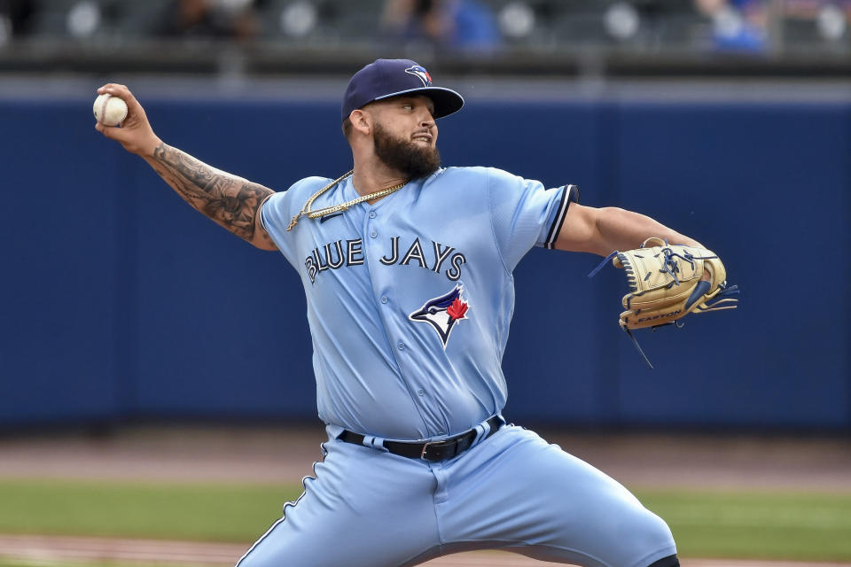 Toronto Blue Jays starting pitcher Alek Manoah throws to a Miami Marlins batter during the first inning of a baseball game in Buffalo, N.Y., Wednesday, June 2, 2021. (AP Photo/Adrian Kraus)