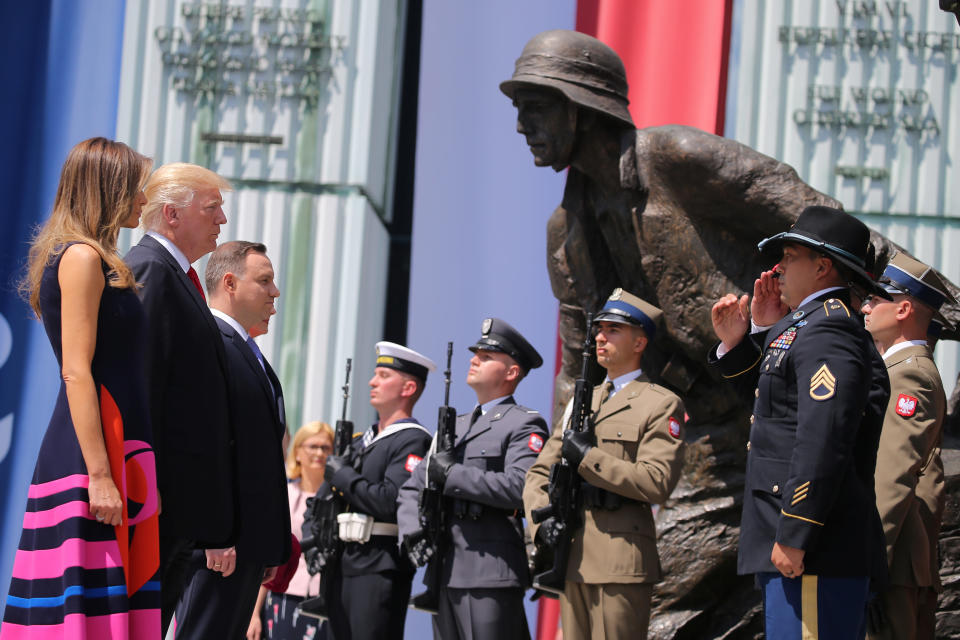 Trump and Duda stand in front of the Warsaw Uprising Monument.&nbsp;