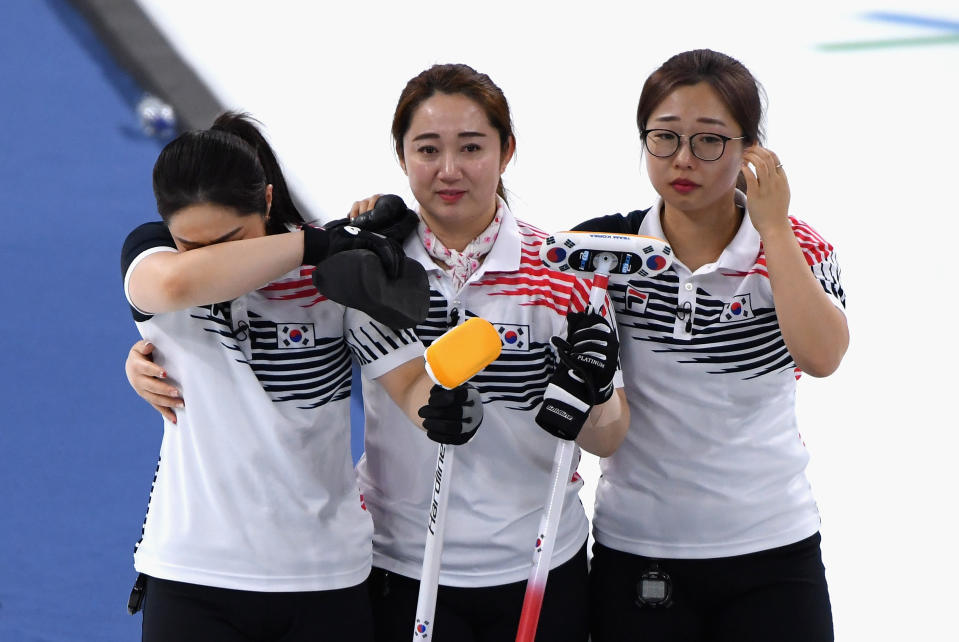 <p>Silver medalists YeongMi Kim, SeonYeong Kim, KyeongAe Kim and EunJung Kim of Korea look dejected following the Women’s Gold Medal Game between Sweden and Korea on day sixteen of the PyeongChang 2018 Winter Olympic Games at Gangneung Curling Centre on February 25, 2018 in Gangneung, South Korea. (Photo by Harry How/Getty Images) </p>