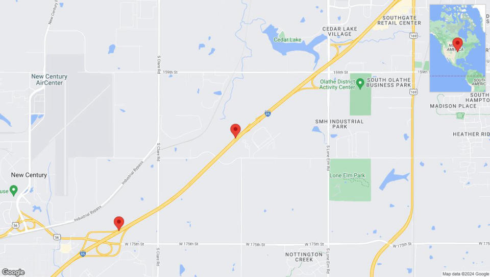 A detailed map that shows the affected road due to 'Heavy rain prompts traffic advisory on westbound I-35 in Olathe' on May 19th at 10:31 p.m.