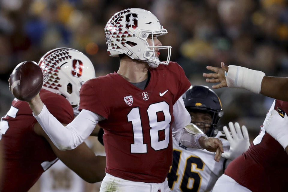 Stanford's Tanner McKee throws a pass against California during the first half of an NCAA college football game in Stanford, Calif., Saturday, Nov. 20, 2021. (AP Photo/Jed Jacobsohn)