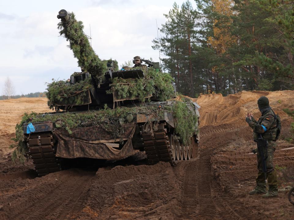 A Leopard 2A6 main battle tank of the Bundeswehr, the German armed forces, participates in the NATO Iron Wolf military exercises on October 26, 2022 in Pabrade, Lithuania.