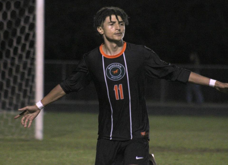 Antonio Mancinotti celebrates his 29th goal of the year on Feb. 2 against Bartram Trail, a goal that won District 1-7A. The Mandarin senior topped Northeast Florida's scoring charts for 2022-23 in boys soccer.