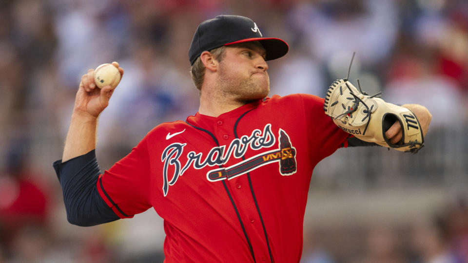 Atlanta Braves starting pitcher Bryce Elder throws to a Pittsburgh Pirates batter during the first inning of a baseball game Friday, Sept. 8, 2023, in Atlanta. (AP Photo/Hakim Wright Sr.)