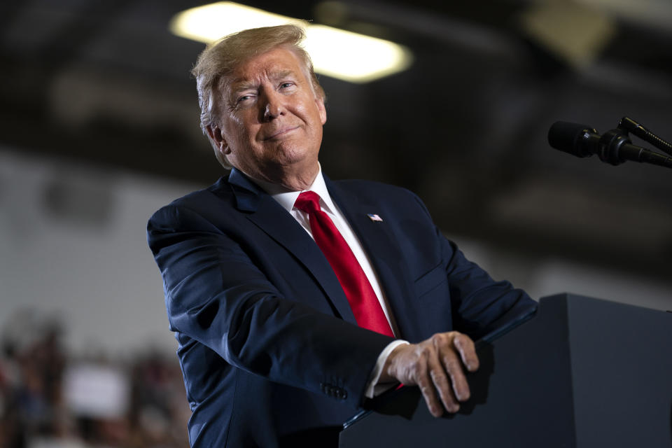 President Donald Trump speaks during a campaign rally at the Wildwoods Convention Center Oceanfront, Tuesday, Jan. 28, 2020, in Wildwood, N.J. (AP Photo/ Evan Vucci)