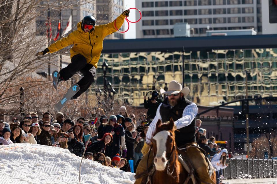 Tyler Budge skis in a skijoring event, part of the Salt Lake Winter Roundup, on West Temple in downtown Salt Lake City on Saturday, Feb. 10, 2024. | Megan Nielsen, Deseret News