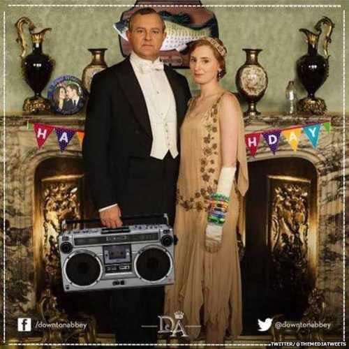 Downton Abbey promotional photo with boom box and happy birthday banner