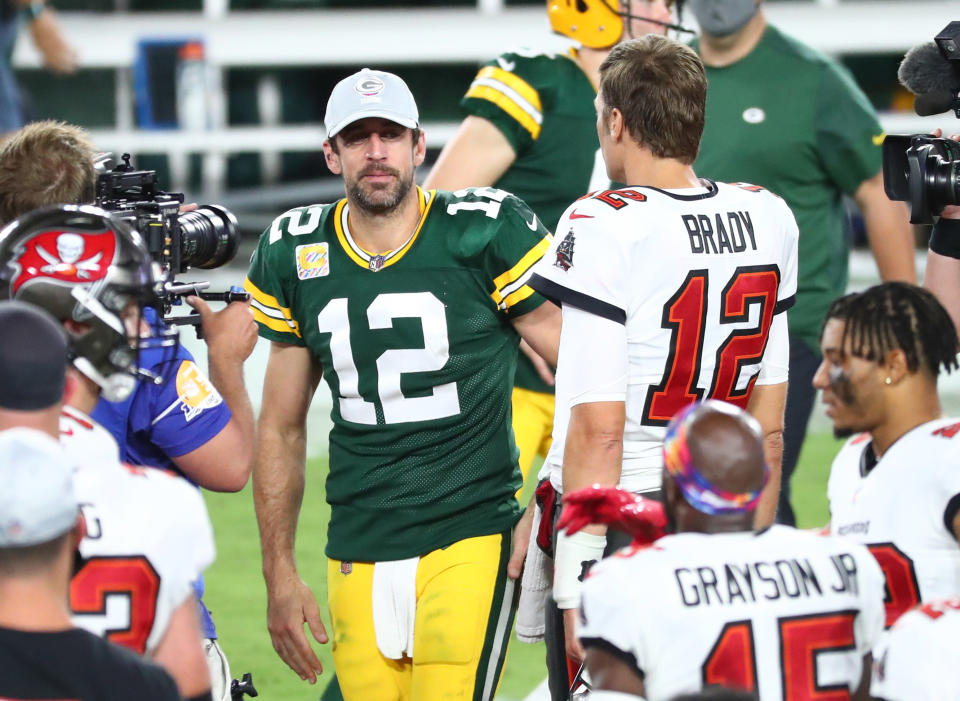 Aaron Rodgers and Tom Brady have had some fireworks-laden matchups in the past.  (Kim Klement-USA TODAY Sports)