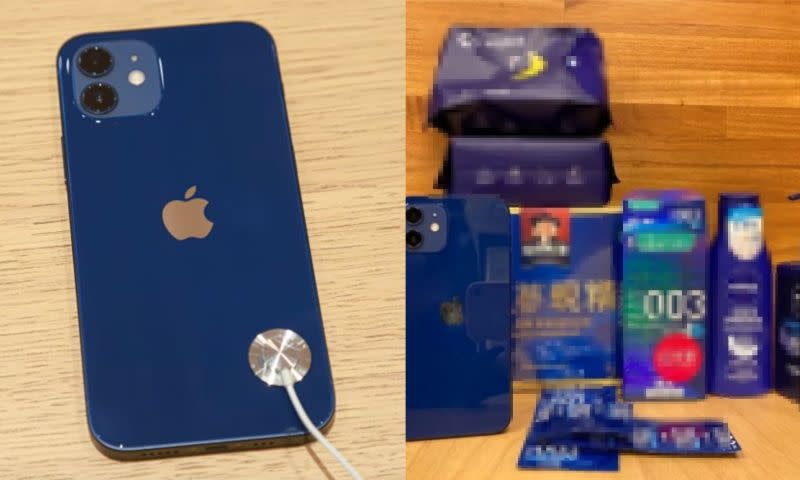 ▲女網友發文，表示自從男友換了iPhone12垃圾桶藍以後，就開始出現詭異行為，買了一堆同顏色的物品。（左圖，記者葉政勳攝，2020.10.23／右圖，翻攝自《Dcard》）