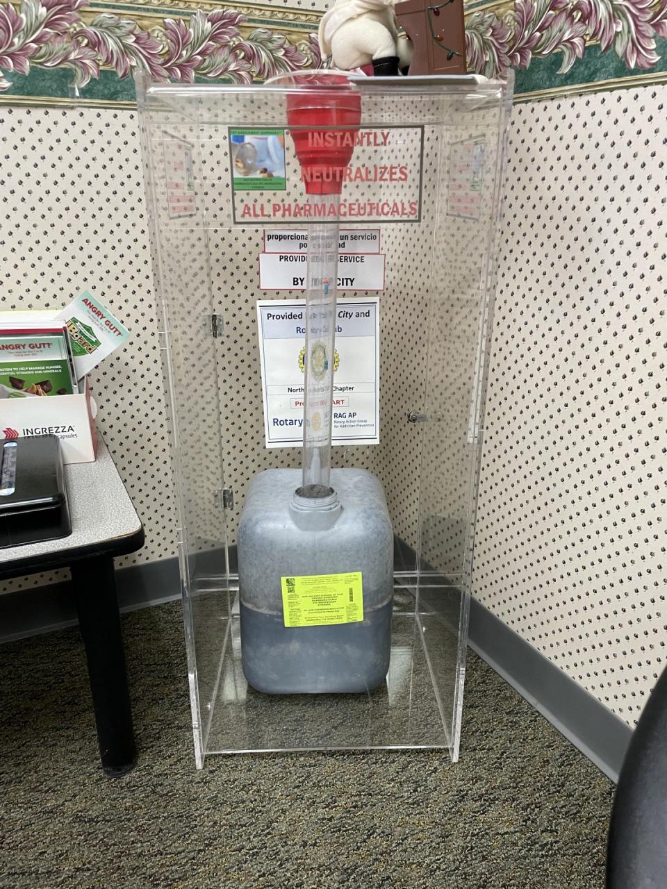 Dr. Gupta has a drug collection container at his office. A gift from Rotary, it's the only one like it, and it's used frequently, Gupta said.