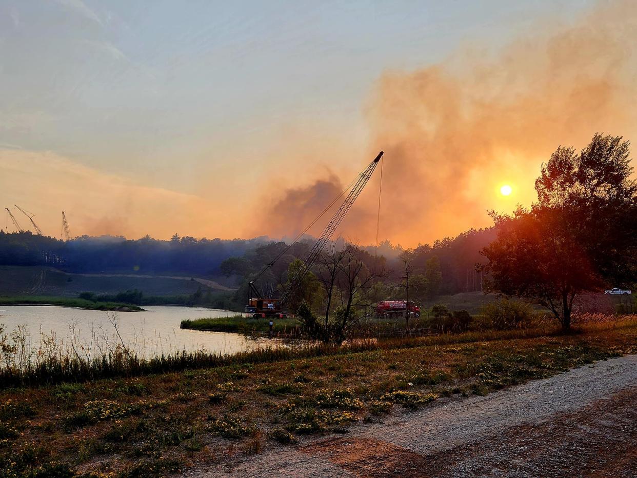 Smoke can be seen from an 830-acre wildfire that started in Waushara County on July 10, 2023.