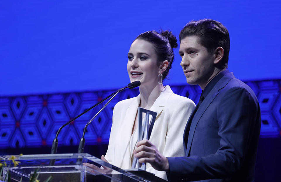 Rachel Brosnahan and Michael Zegen speak during The Roundabout Gala 2023 at The Ziegfeld Ballroom on March 06, 2023 in New York City.