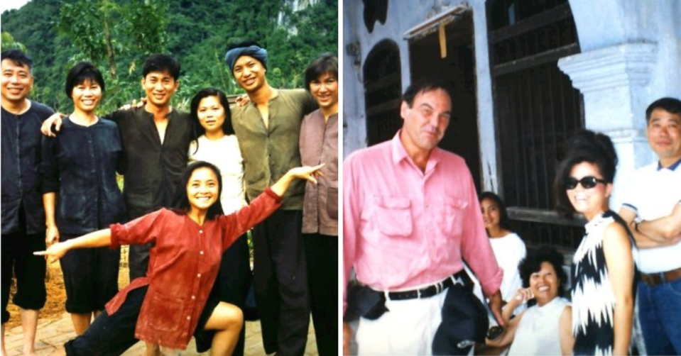 Some members of the "Heaven & Earth" cast on set in Thailand, left. Right, director Oliver Stone, author Le Ly Hayslip and Thuan Le Elston in between takes in the fall of 1992.