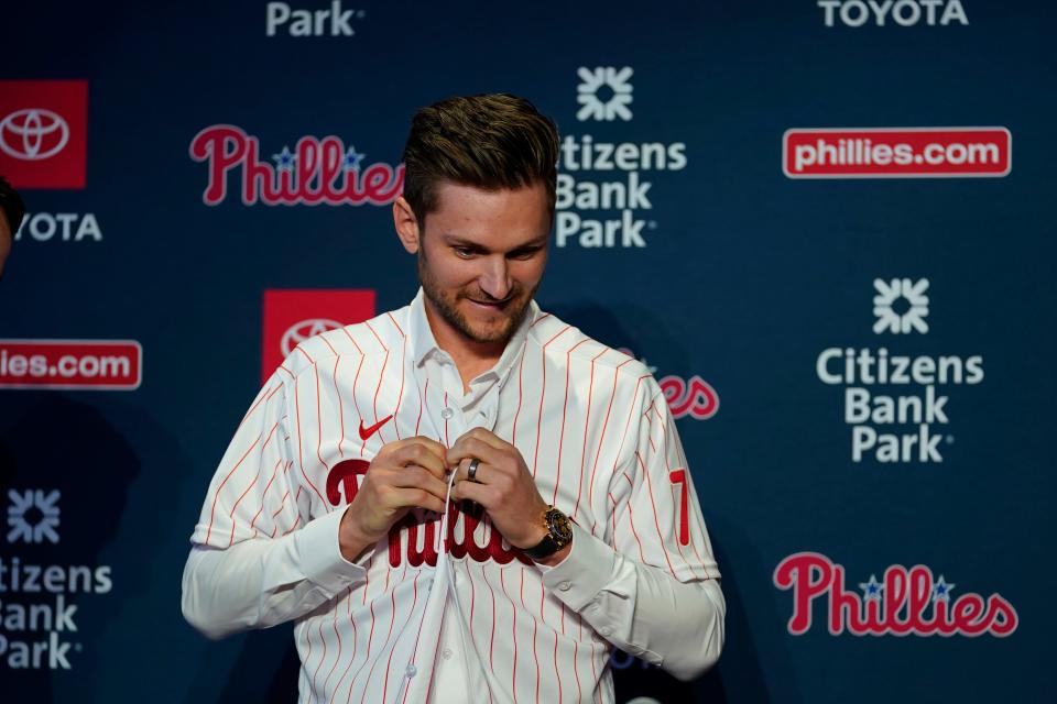 Trea Turner smiles during his introductory news conference after signing an 11-year, $300 million contract with the Phillies.