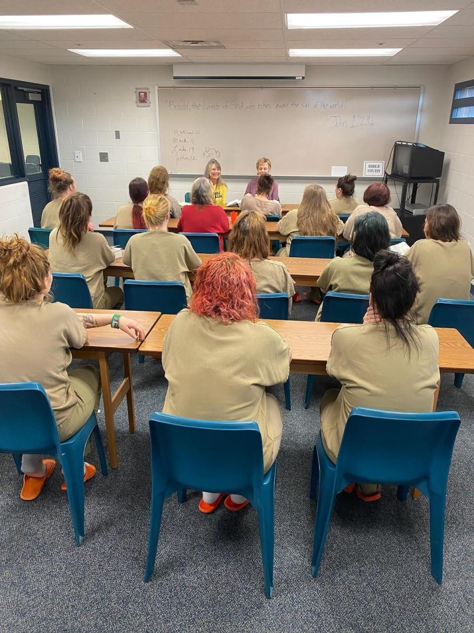 Inmates take part in Bible study at the Licking County Justice Center.