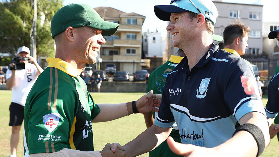 David Warner and Steve Smith in Sydney grade cricket. (Photo by Mark Metcalfe/Getty Images)