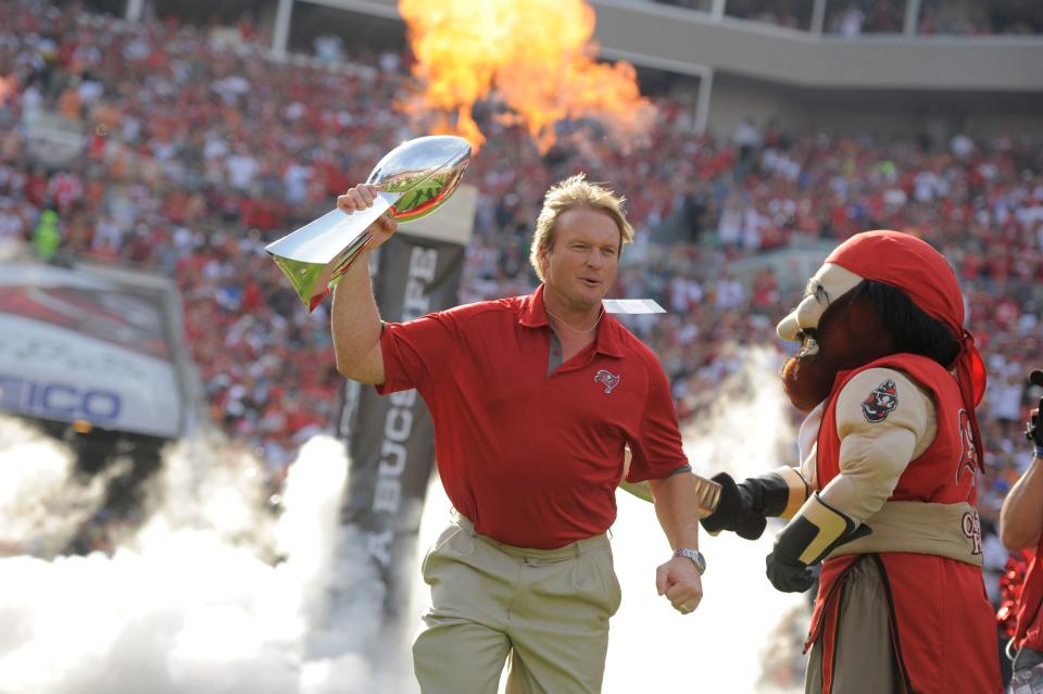 Former Tampa Bay Buccaneers head coach Jon Gruden on the field as the Buccaneers honor their 2002 Super Bowl winning team in 2012.
