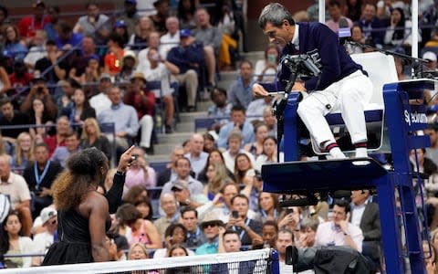 Serena argues with chair umpire Carlos Ramos while playing Naomi Osaka of Japan in the women's final on day thirteen of the 2018 U.S. Open tennis tournament at USTA Billie Jean King National Tennis Center. - Credit: USA TODAY Sports