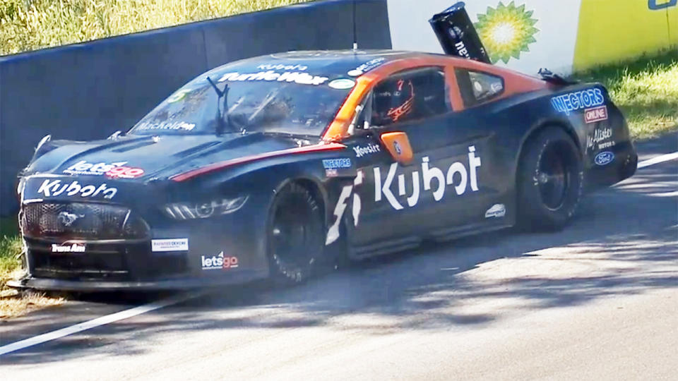 Matthew MacKelden, pictured here after suffering a heavy crash at Bathurst. 