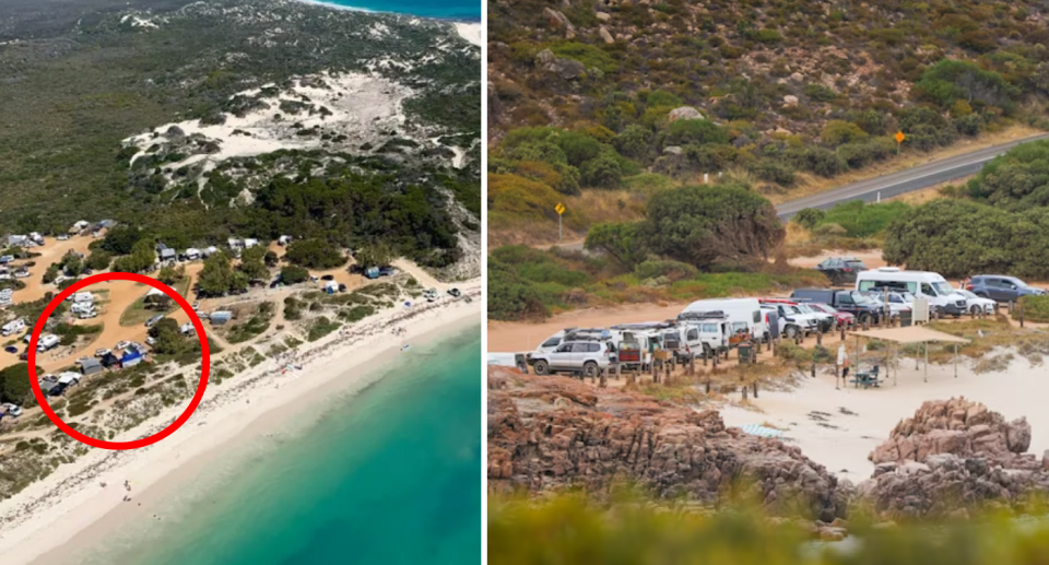 Sandy Cape Recreation Park (left) and Cowaramup Bay (right) with campers parked at public car parks. 