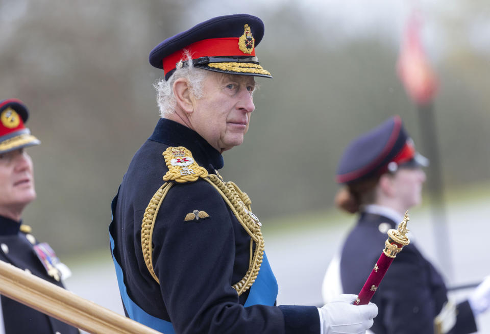 Photo by: zz/KGC-107/STAR MAX/IPx 2023 4/14/23 King Charles III attends the 200th Sovereign's Parade at Royal Military Academy Sandhurst on April 14, 2023. His Majesty inspected the cadets and presented the academy with its new Colours and Sovereign's Banner. (Sandhurst, Camberley, England, UK)