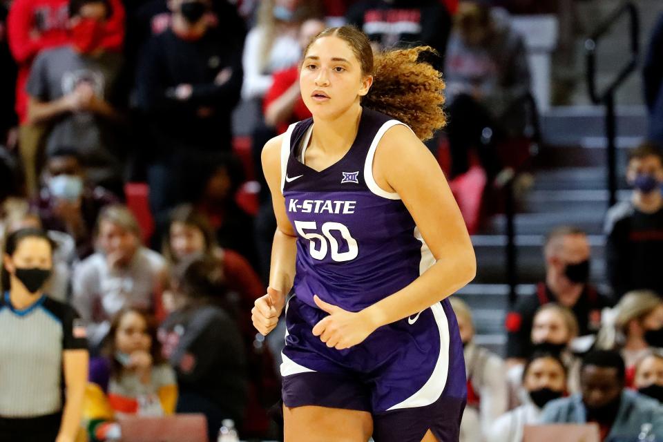 Kansas State's Ayoka Lee (50) comes down the court against North Carolina State during the second half of an NCAA college basketball game, Friday, Nov. 19, 2021, in Raleigh, N.C.