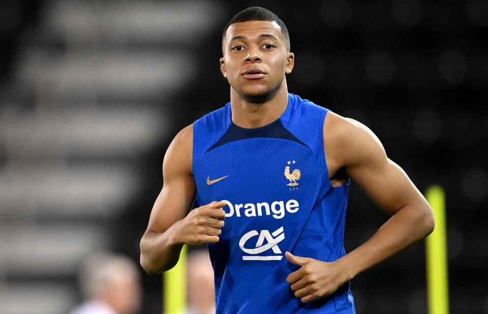 Kylian Mbappe (pictured) training ahead of match against Tunisia at the World Cup.