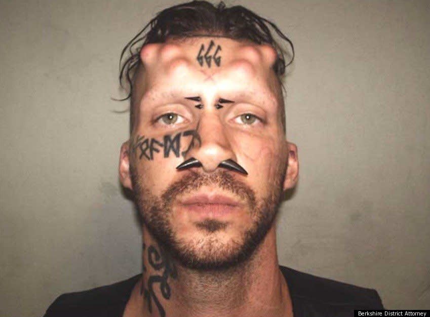 The "666" tattoo and horn piercing decorating this <a href="http://www.huffingtonpost.com/2011/09/14/caius-veiovisv-mugshot-photo_n_962198.html" target="_blank">murder suspect's nose </a>come off as an understatement compared to the bulging round implants protruding from his skull in this unforgettable 2011 mugshot.