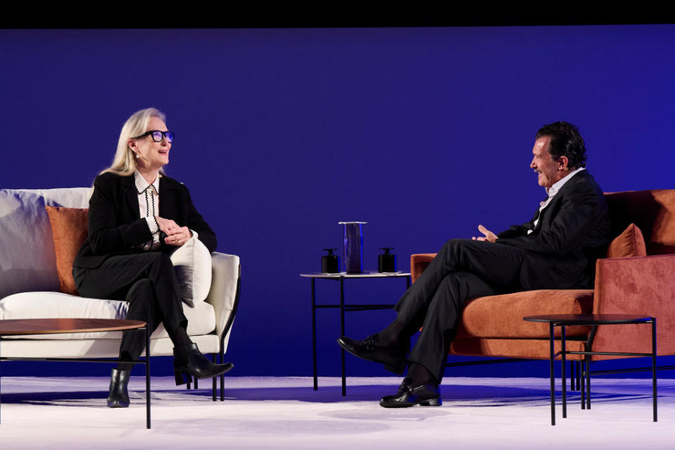(L-R) Meryl Streep and Antonio Banderas at the "Sin Guion" conference during the 2023 Princesa de Asturias Awards on Oct. 18 in Oviedo, Spain. 