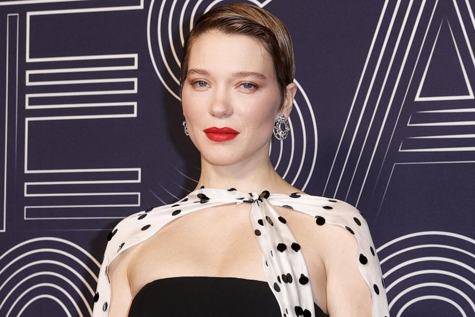 French actress Lea Seydoux pose upon arrival for the 47th edition of the Cesar Film Awards ceremony at the Olympia venue in Paris on February 25, 2022.