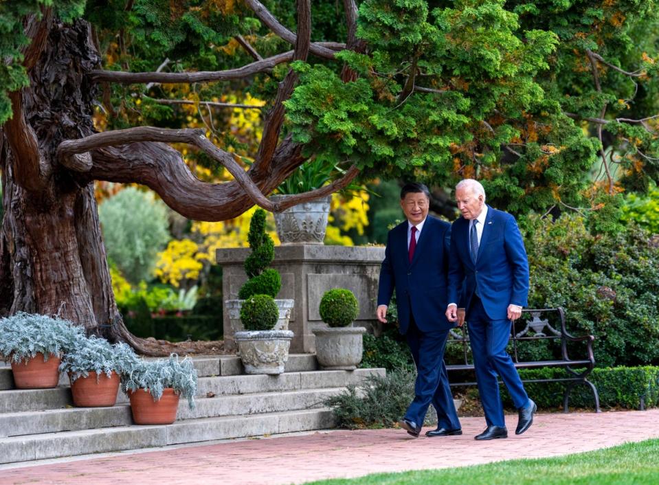 Joe Biden and Xi Jinping walk in the gardens at the Filoli Estate in Woodside, California (New York Times)