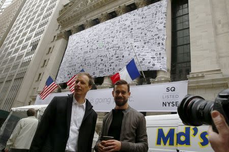 Jack Dorsey, (R) CEO of Square and CEO of Twitter, poses as he arrives at the New York Stock Exchange for the IPO of Square Inc., in New York November 19, 2015. REUTERS/Lucas Jackson