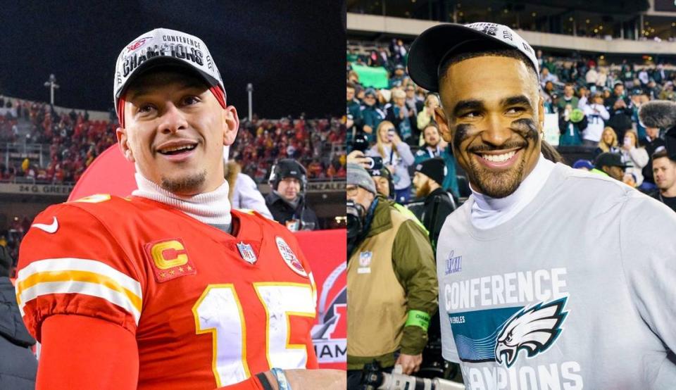 Super Bowl LVII will be the first to feature two Black starting quarterbacks: Patrick Mahomes of the Kansas City Chiefs, left, and Jalen Hurts of the Philadelphia Eagles.