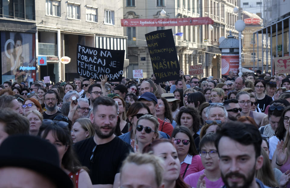 People march during a protest in solidarity with a woman who was denied an abortion despite her fetus having serious health problems, in Zagreb, Croatia, Thursday, May 12, 2022. The case has sparked public outrage and rekindled a years-long debate about abortion in Croatia, a member of the European Union. (AP Photo)