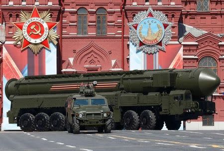 A Russian Yars RS-24 intercontinental ballistic missile system drives during the Victory Day parade, marking the 71st anniversary of the victory over Nazi Germany in World War Two, at Red Square in Moscow, Russia, May 9, 2016. REUTERS/Grigory Dukor