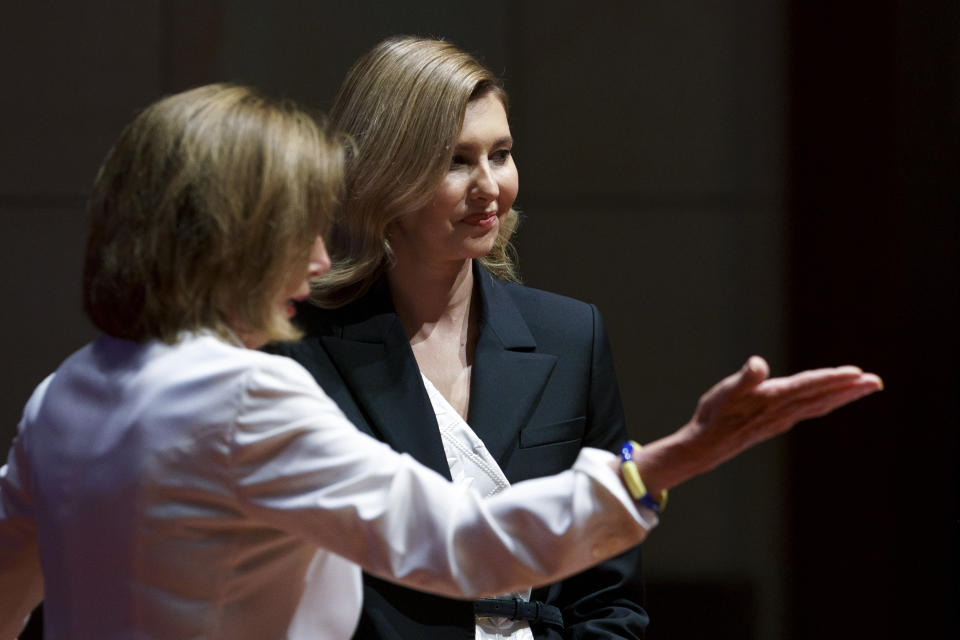 Speaker Nancy Pelosi of Calif., introduces Olena Zelenska, the first lady of Ukraine, before she addresses members of Congress on Capitol Hill in Washington, Wednesday, July 20, 2022. (Greg Nash/Pool photo via AP)