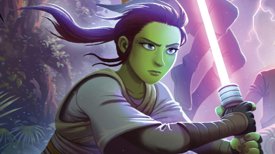 Cartoon drawing of a green-skinned female Jedi with blue eyes, long reddish-brown hair in a ponytail. She is holding a lightsaber in her hands. In the background you can see some more people jumping down amongst the jungle foliage.