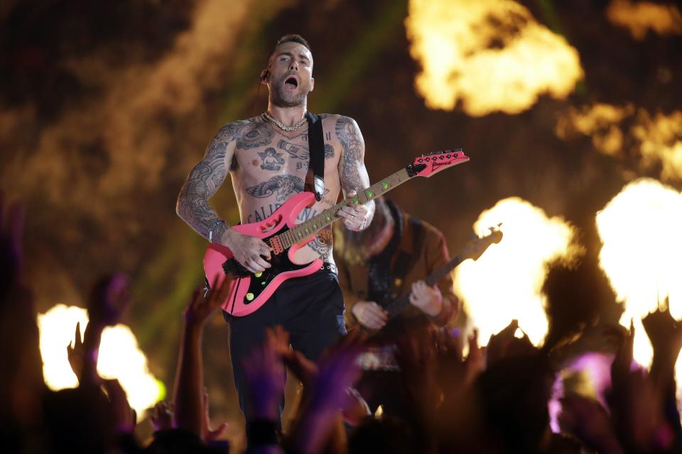 Adam Levine of Maroon 5 performs during halftime of the NFL Super Bowl 53 football game between the Los Angeles Rams and the New England Patriots Sunday, Feb. 3, 2019, in Atlanta. (AP Photo/Mark Humphrey)