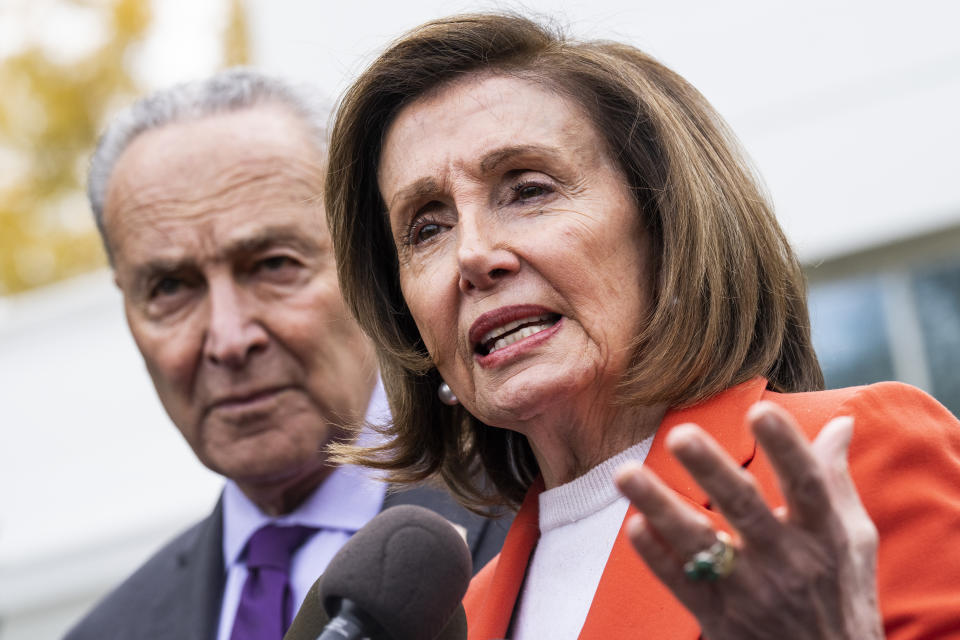House Speaker Nancy Pelosi and Senate Majority Leader Chuck Schumer address the media after a meeting about avoiding a railroad worker strike on November 29, 2022. (Tom Williams/CQ-Roll Call, Inc via Getty Images)