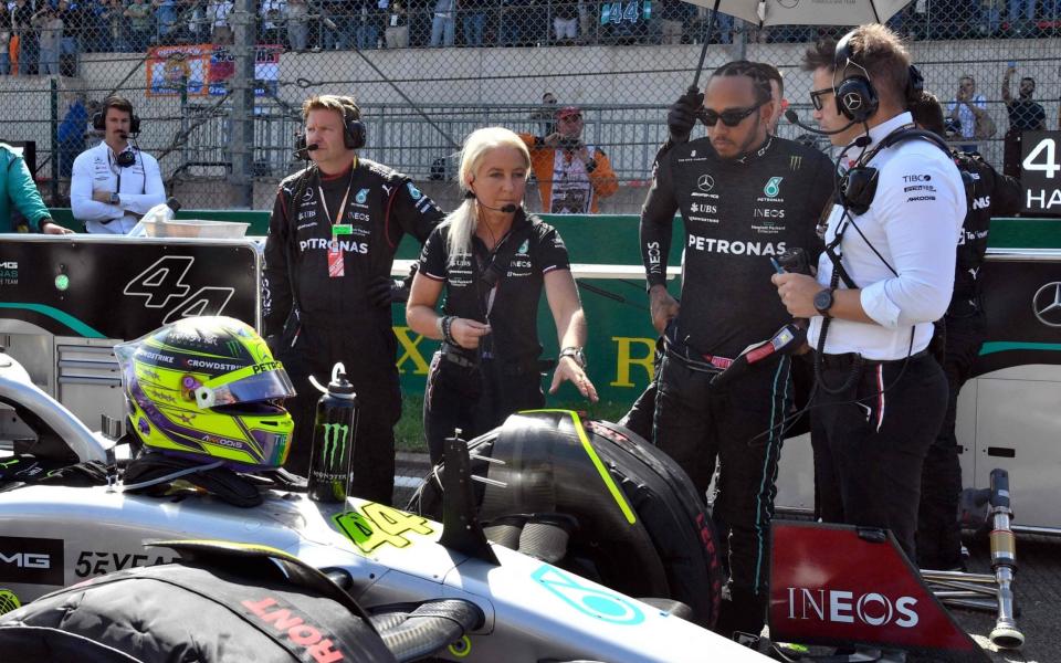 Mercedes' British driver Lewis Hamilton (2ndR) gets ready to compete in the Belgian Formula One Grand Prix at Spa-Francorchamps racetrack in Spa, on August 28, 2022 - AFP