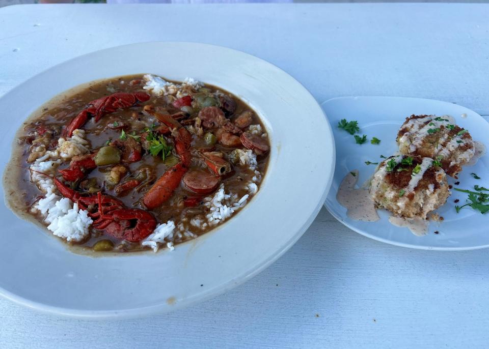 Ozella's Louisiana Gumbo and crab cakes from Cajun Beach Boil and Sushi in Flagler Beach.