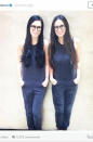 Rumer Willis and her 52-year-old parent posed in matching navy blue jumpsuits with their long dark hair hanging down to nearly their waists and wearing similarly-shaped thick-framed glasses. The "Dancing With the Stars" champ shared the photo on her Instagram with the caption, “That moment when you realise you actually are becoming your mother #twinning #imnotmad.” Moore shared the the same photo on her Instagram, calling the lookalike pair “bookends.”