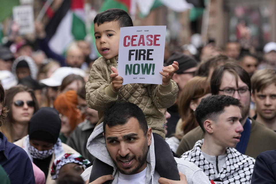 Pro-Palestinian demonstrators gather for a protest against the participation of Israeli contestant Eden Golan ahead of the final of the Eurovision Song Contest in Malmo, Sweden, Saturday, May 11, 2024. Israeli contestant Eden Golan has become a focus for protests by pro-Palestinian demonstrators who want Israel kicked out of Eurovision over the war with Hamas, which has killed almost 35,000 people in Gaza. (AP Photo/Martin Meissner)