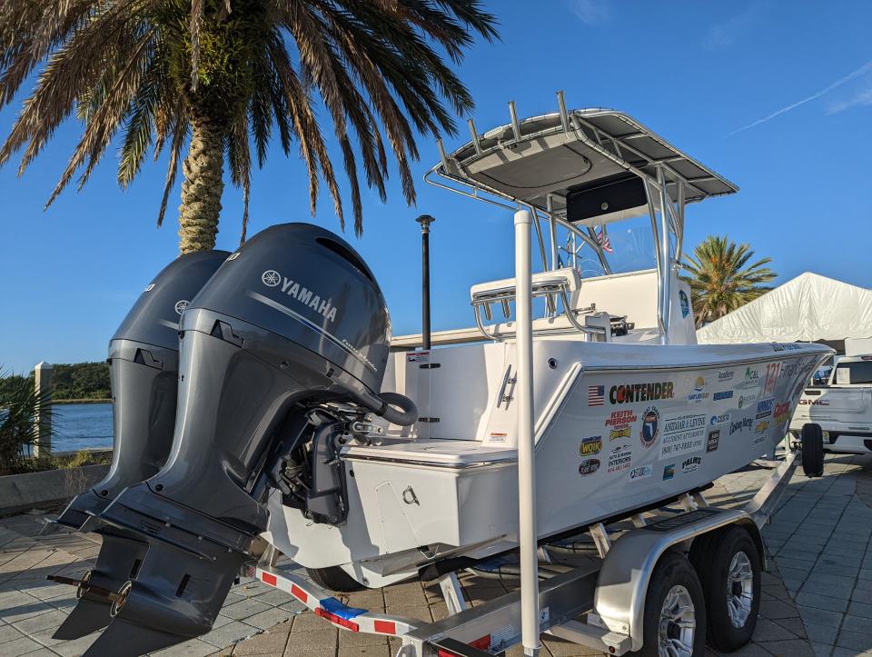 The prize boat for the 2022 Greater Jacksonville Kingfish Tournament is displayed at Jim King Park on July 13, 2022. [Clayton Freeman/Florida Times-Union]