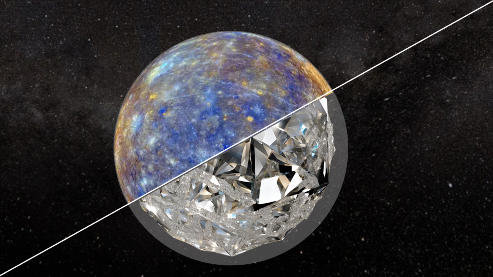  On the left a blue and silver sphere on the right a large spherical diamond. 